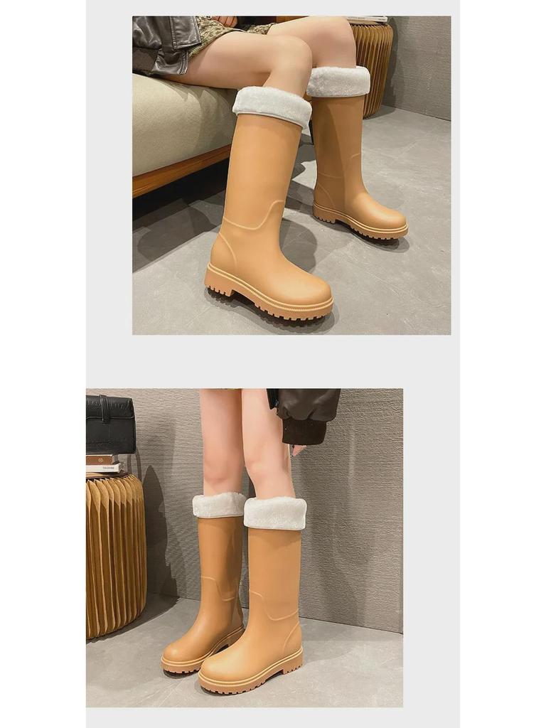 Стильные женские водонепроницаемые нескользящие длинные резиновые сапоги - износостойкая резина с теплой хлопковой подкладкой