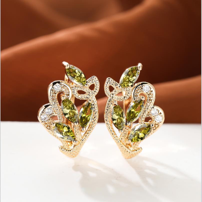 1 пара серег золотого цвета с радужным камнем и цветочным узором в виде листьев, красные, желтые, синие, зеленые, висячие полые серьги с камнями