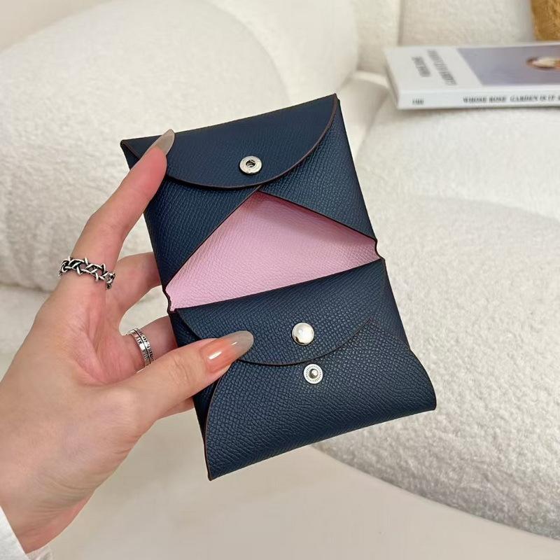 2025 New Style Real Leather Card Bag Womens Contrast Color Card Holder EP Lanyard Buckle Cross-Border Card Bag Zero Wallet Coin Purse