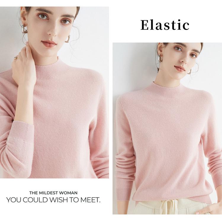 Женский приталенный осенний свитер, модный воротник половинной высоты, универсальная чистая шерсть для многослойности или верхней одежды, приятный к коже.