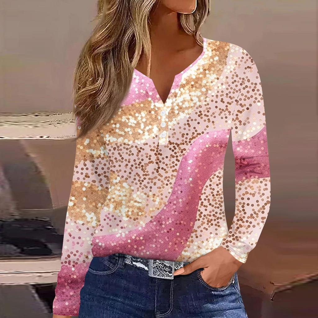 Жен. Футболка Футболка На пуговицах С принтом Длинный рукав Повседневные Выходные Мода Классический V-образный вырез Обычный Топ