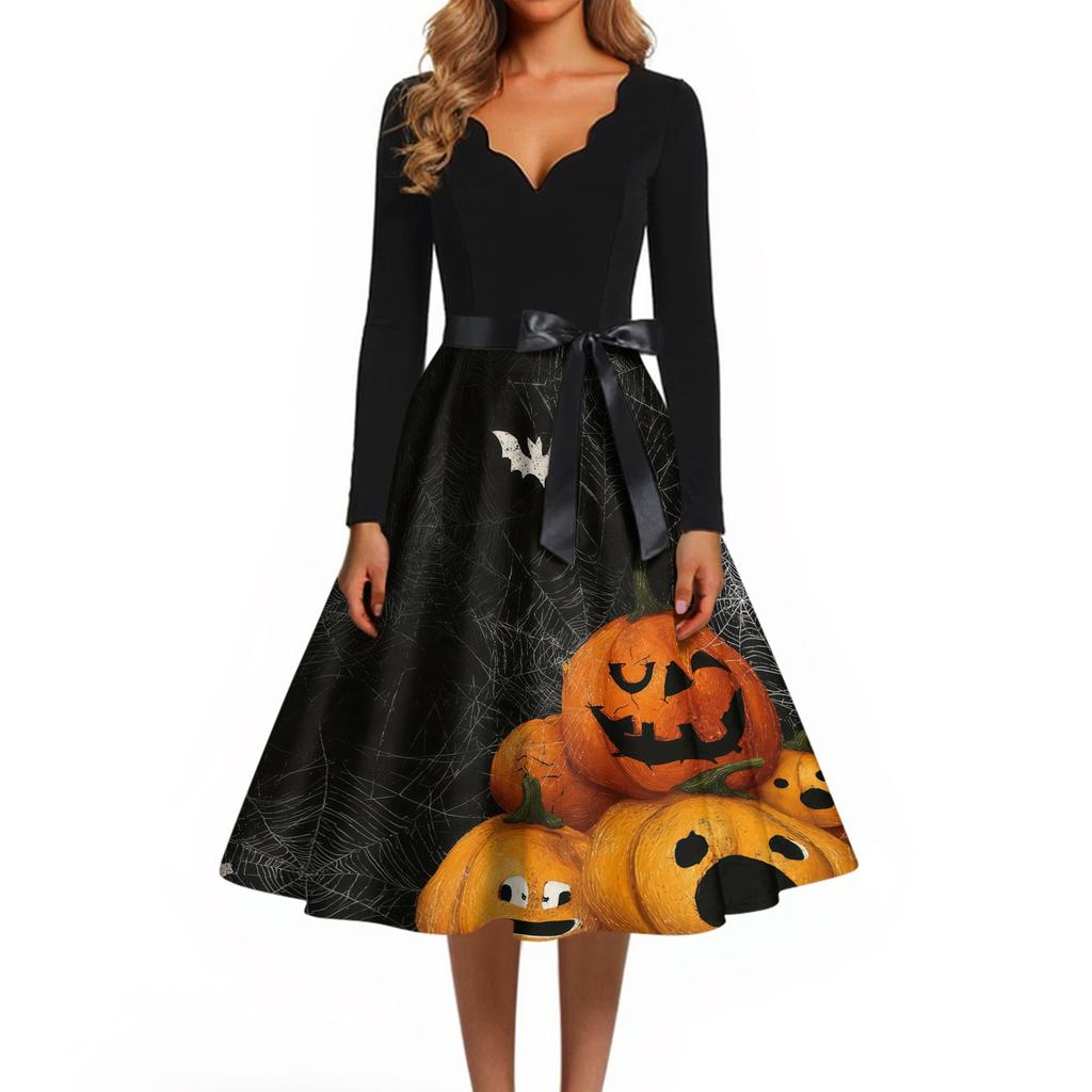 Women's Casual Halloween Printed V Neck Vintage Dress Long Sleeve Retro Fit and Flare Knee Length Dress with Belt and Halloween Pumpkin Design