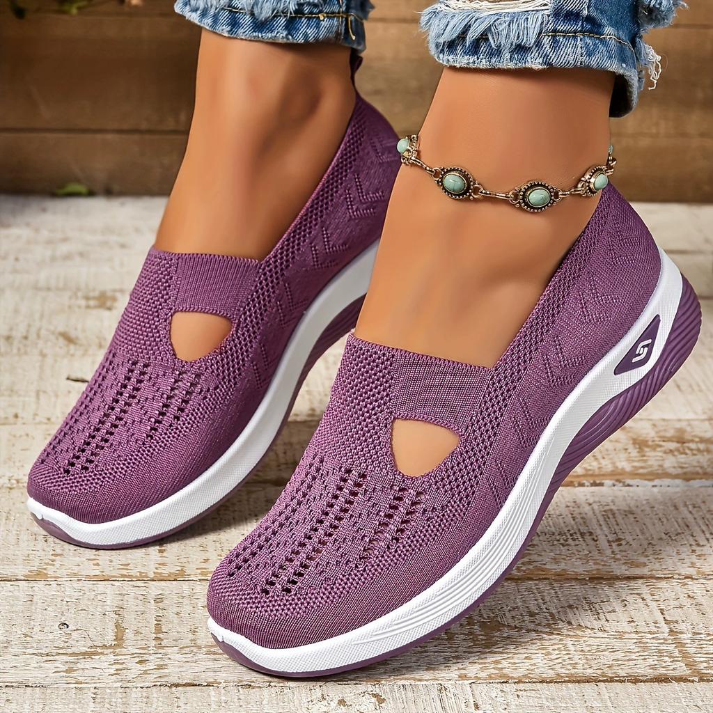 Women's Cut-out Sneakers Casual Breathable Slip On Walking Shoes Lightweight Outdoor Flat Shoes