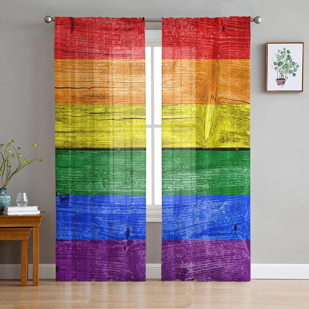 Rainbow Geometric Stripes Tulle Curtains For Living Room Kitchen Decoration Chiffon Window Treatments Voile Sheer Curtain