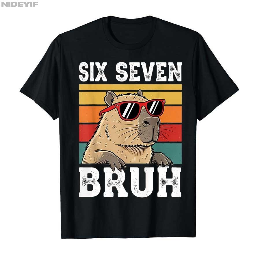 Six Seven Bruh Meme Funny Capybara Tshirt for Unisex Women Cotton T Shirts Short Sleeve