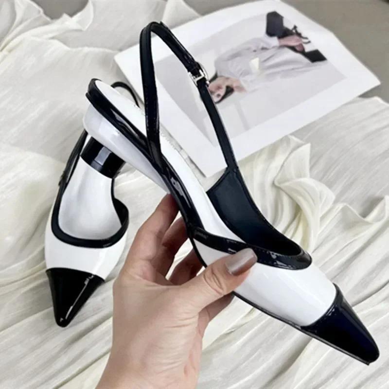 Designer Black White Color Low Heeled Sandals Women Sexy Pointed Toe Slingbacks Chunky High Heels Women Elegant Heels