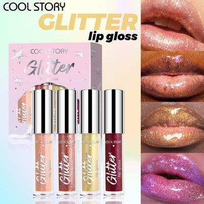 Набор из 4 перламутровых сверкающих блесков для губ, 3D ослепительная поляризованная жидкая косметика для губ с мелким шиммером, стойкий, не оставляющий следов на чашке набор блесков для губ