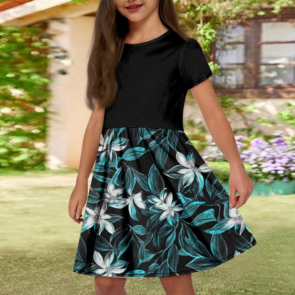 Летнее платье для девочек, однотонное платье без рукавов с принтом и карманом, повседневное платье, вечернее платье с короткими рукавами