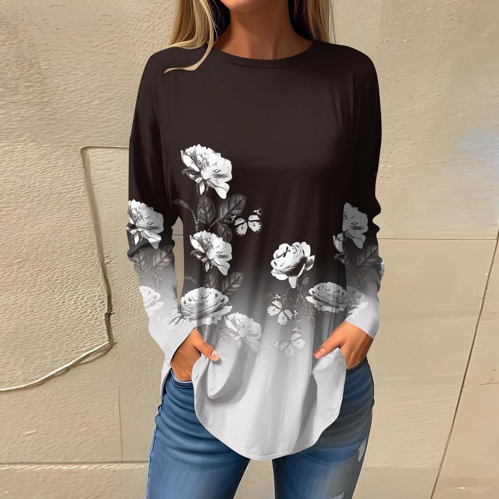 Футболки для женщин, осенние повседневные рубашки с длинными рукавами, толстовка с ретро-принтом, топ, пуловер