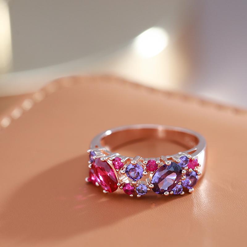 Sparkling Full Pink Purple Zircon Luxury Texture Rings for Women Fashion Party Jewelry Gifts