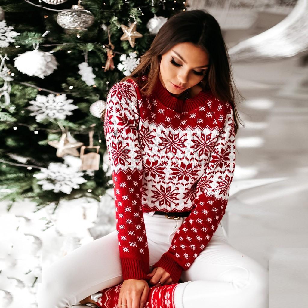 Женский рождественский пуловер с изображением лося и снежинки, свитер, трикотажные топы, блузка