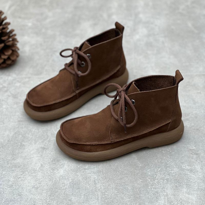 Johnature Женские короткие сапоги ручной работы в стиле ретро, ​​туфли из натуральной кожи, однотонные ботинки на шнуровке с круглым носком