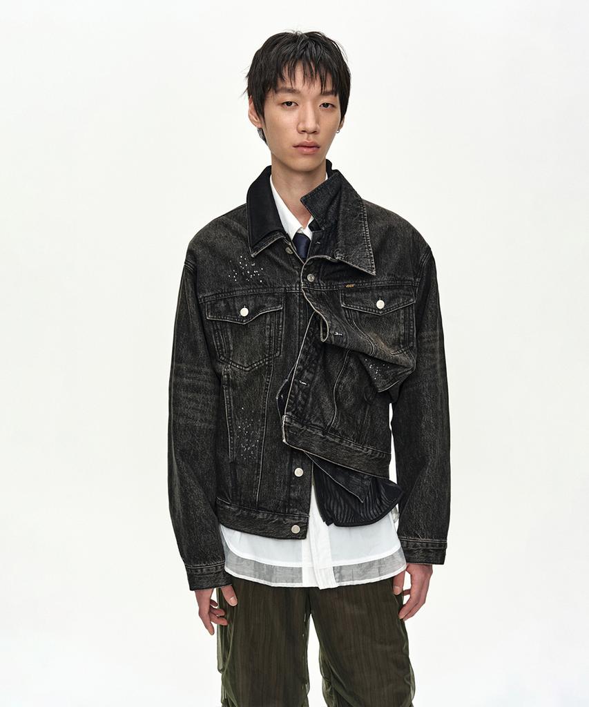 Adsb Andersson Bell Unisex Asymmetric Layered Beads Denim Jacket Awa762U(Black)