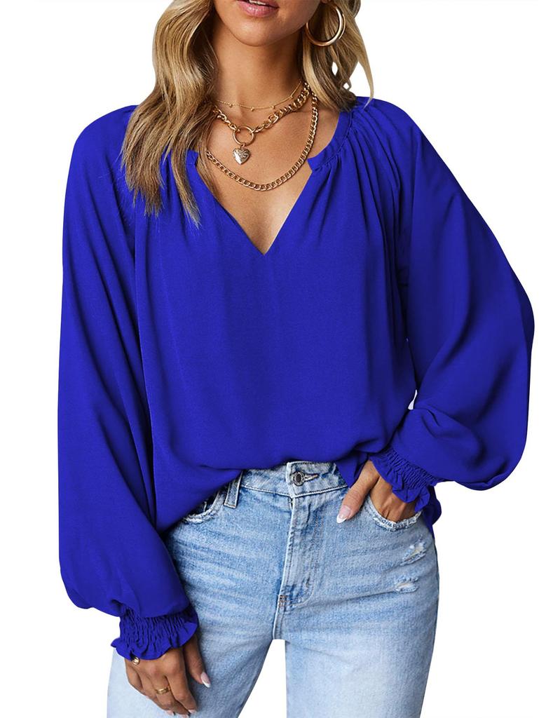 Осенние плиссированные блузки с v-образным вырезом, модные повседневные свободные женские рубашки с длинным рукавом, простые шифоновые рубашки и топы, женская однотонная одежда 28612