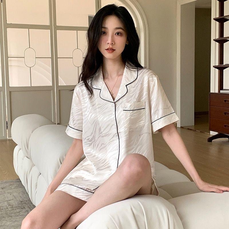 Ins Fashion Faux Stain Pajama Set for Women Summer Print Tiger Stripes Short Sleeve Shorts  Suit Home Service Sleepwear