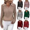 V Neck Turn-Down Collar Long Sleeve Knitted Sweater Autumn Winter Solid Color Slim Sweater Jumper Female Clothing
