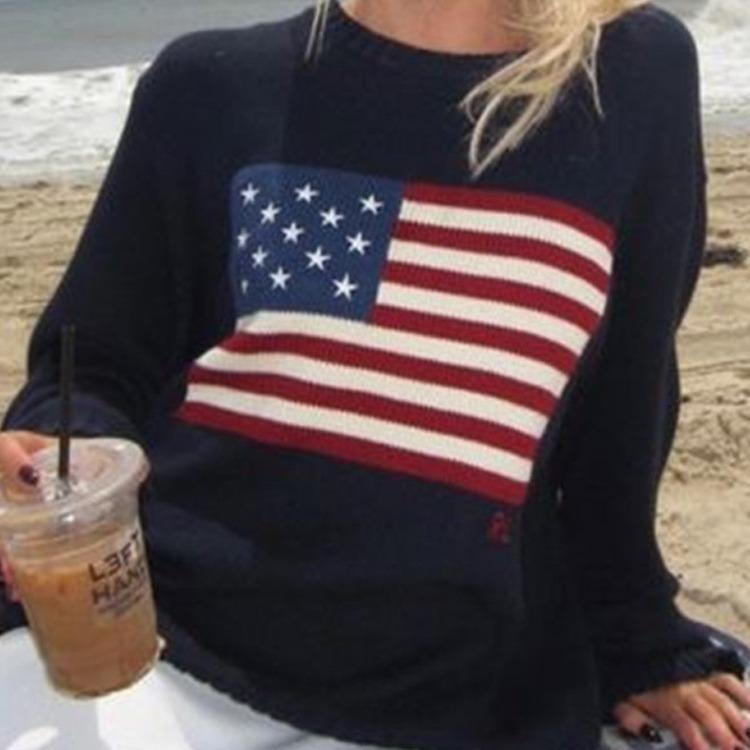 Зимние женские свитера с флагами, винтажные свободные свитера с длинным рукавом, повседневные пуловеры в стиле Харадзюку, трикотаж, белая уличная одежда