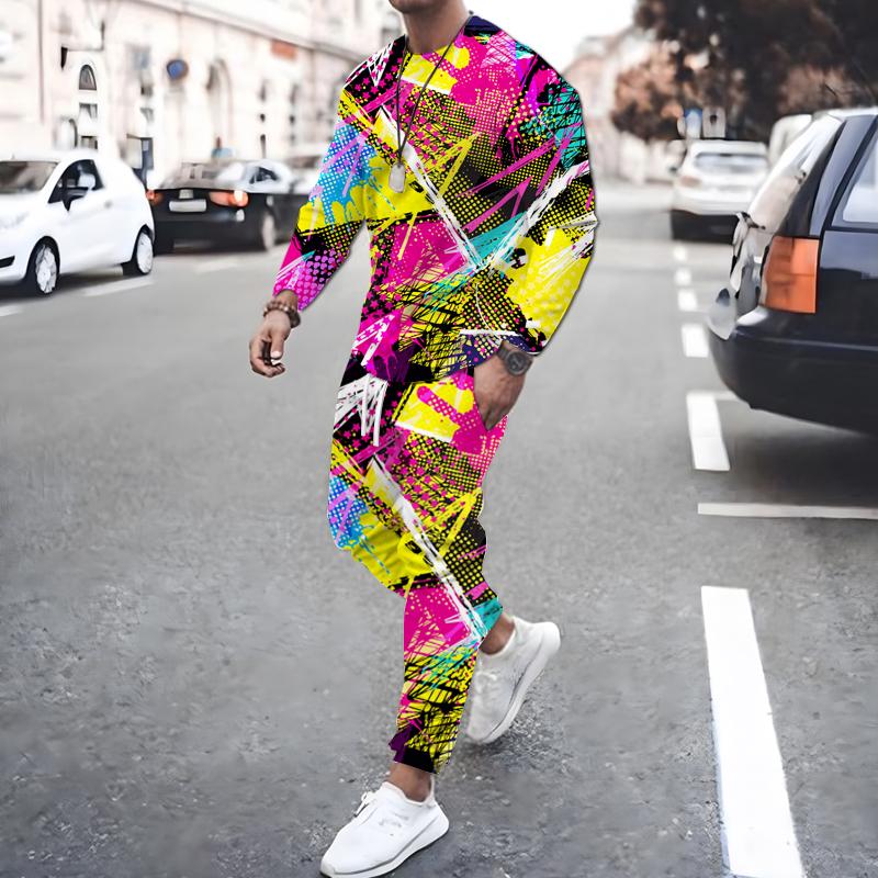 Spring Fall 3D Printed Square Graffiti Pattern Men's Long Sleeve Suit Fashion Casual Street O Collar Sweatshirt And Pants Suit
