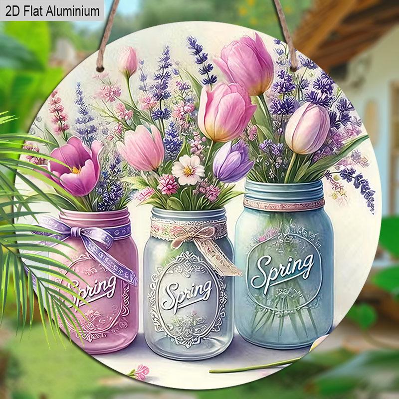 2D Flat 1pc Spring Pastoral Vase Aluminum Sign Round Decorative Hanging Ornament, Home Kitchen Garden Balcony Fence Decor, Gardening Studio Decor