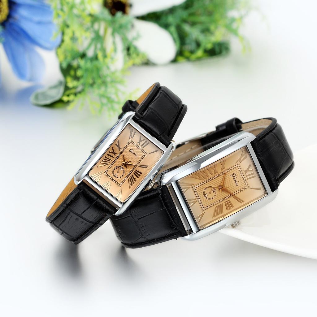 JewelryWe Pair Leather Band Watch Square Analog Display Roman Alphabet Couple Watch Casual Fashion Black Set of 2 (Case)