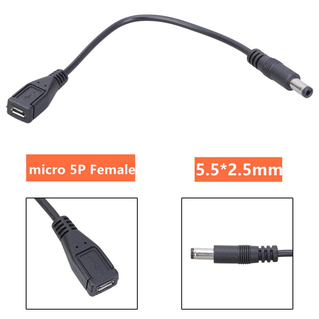 5-контактный female Micro USB 5V DC 5.5x2.5mm male Адаптер Разъем Кабель 22AWG Медная проволока 20 см / 7.87 дюйма Поддержка 5.5x2.1 мм