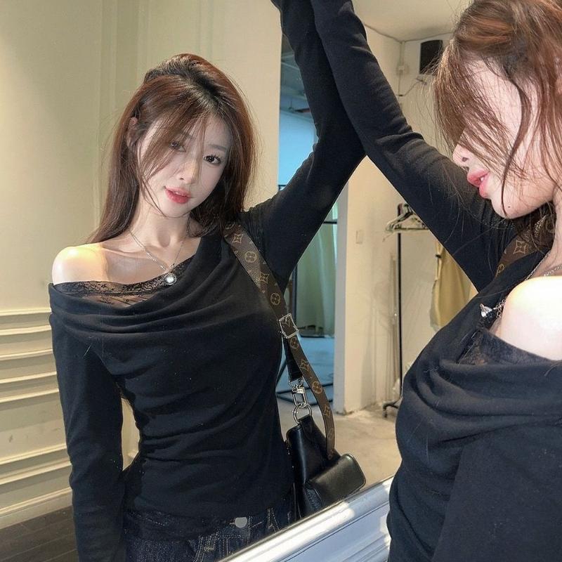 Футболка с кружевной вставкой в стиле Pure Desire с открытыми плечами и длинными рукавами для женщин, Короткий топ с открытыми плечами для похудения и формирования фигуры на осень