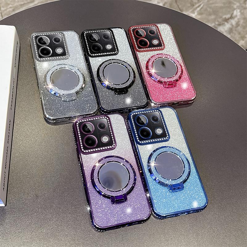 KEYSION Glitter Jewelled Magnetic Phone Case for Redmi Note 13 4G 13 Pro+5G Mirror Stand Shockproof Cover for Xiaomi POCO X6 M6 Pro