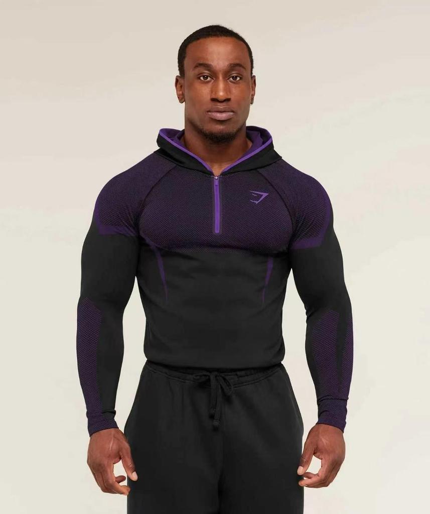 Мужская фитнес-футболка с длинным рукавом и капюшоном GYMSHARK Onyx с высокой эластичностью