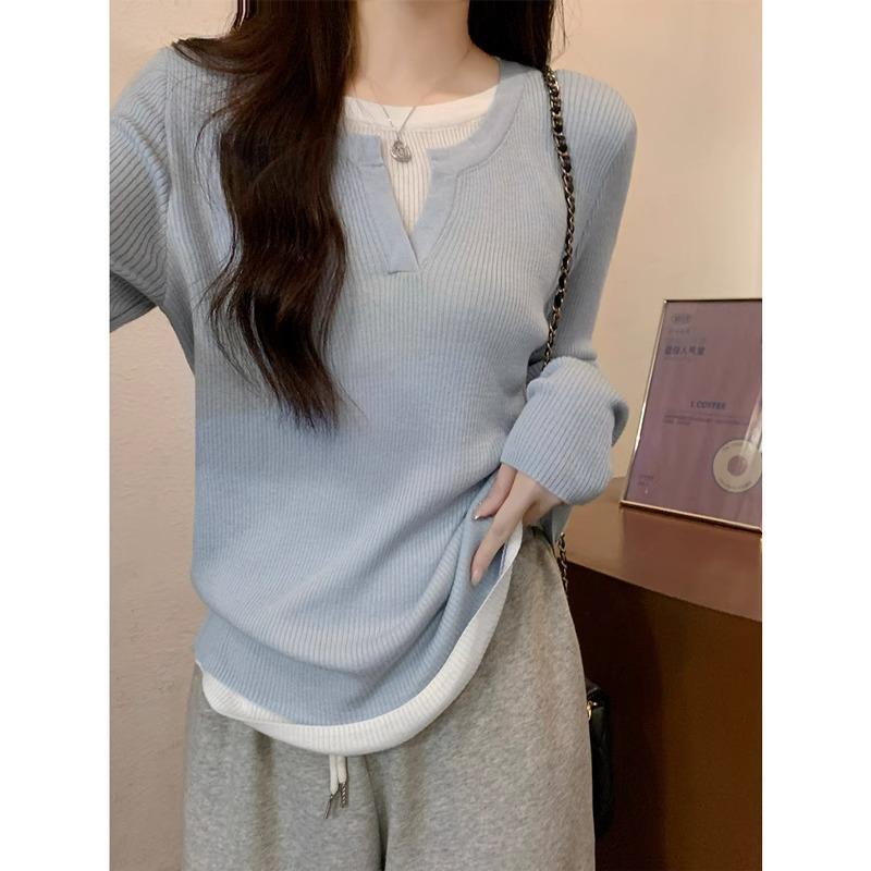 Шикарная женская футболка-двойка с асимметричным подолом для весенне-осенних каникул в стиле пэчворк с длинными рукавами и облегающим низом