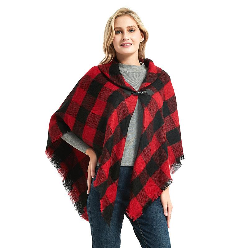 Horn Button Plaid Cloak Shawl