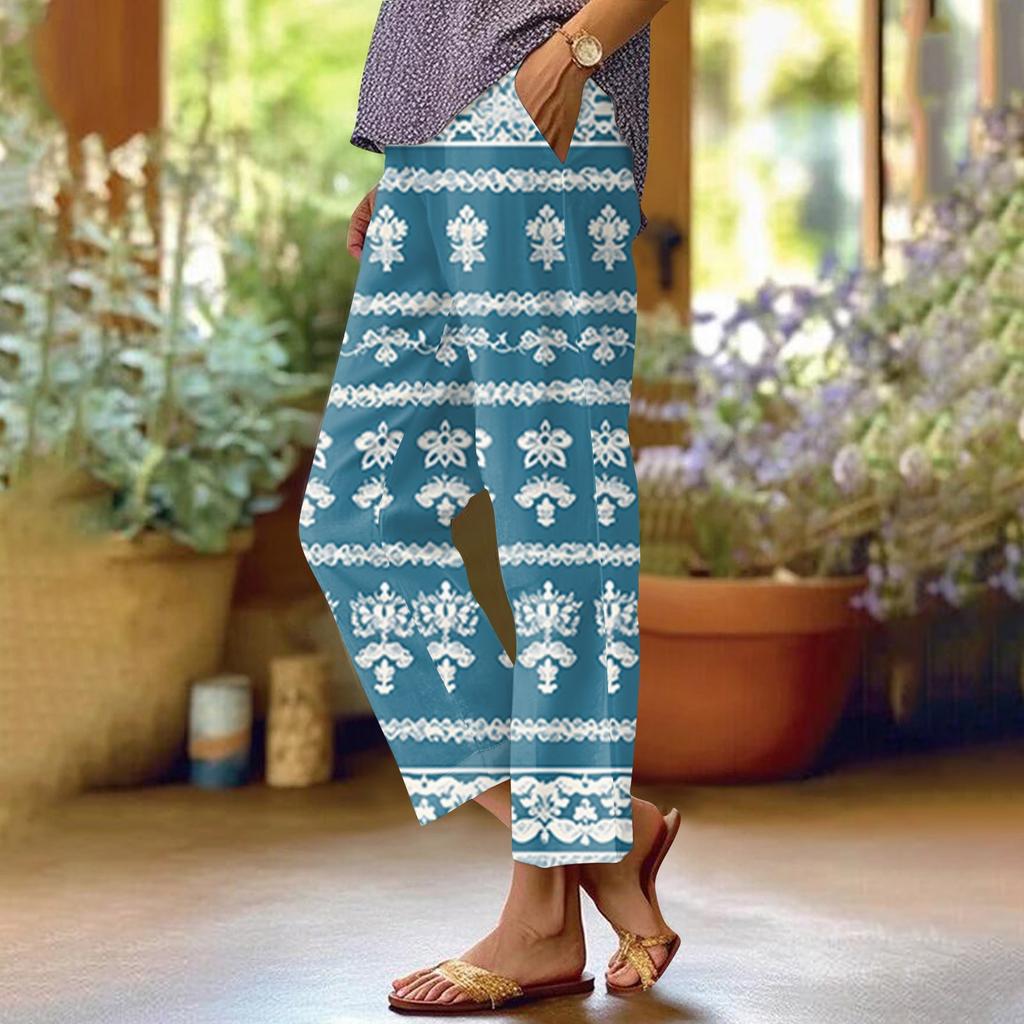 Женские модные повседневные брюки с цветочным принтом, прямые брюки с карманами и эластичной талией