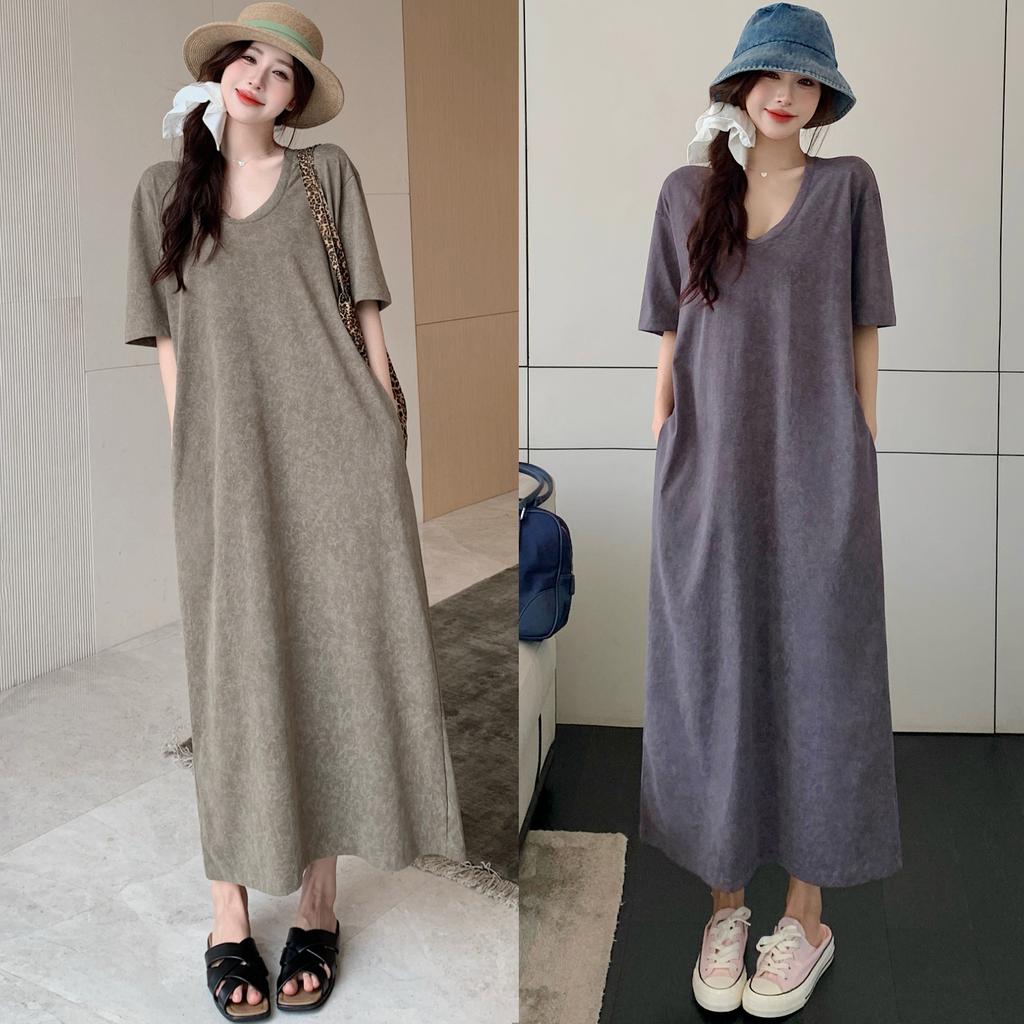 DIMANAF 2025 Летнее платье больших размеров для женщин Свободное Винтажное с коротким рукавом Повседневное Базовое Оверсайз Однотонное Длинное платье