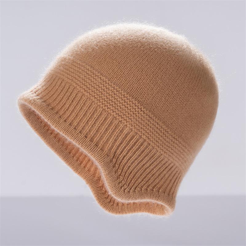 New cashmere knitted hat women's winter warm solid color ear protection wool lace-up cold hat pure cashmere