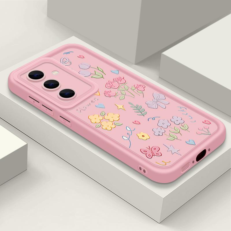 Cartoon Floral Print TPU Shockproof Matte Case For Samsung S25 Ultra S24 FE S23 Plus A56 A36 A16 A15 A55 A06 Soft Silicone Lens Protection Phone Cover