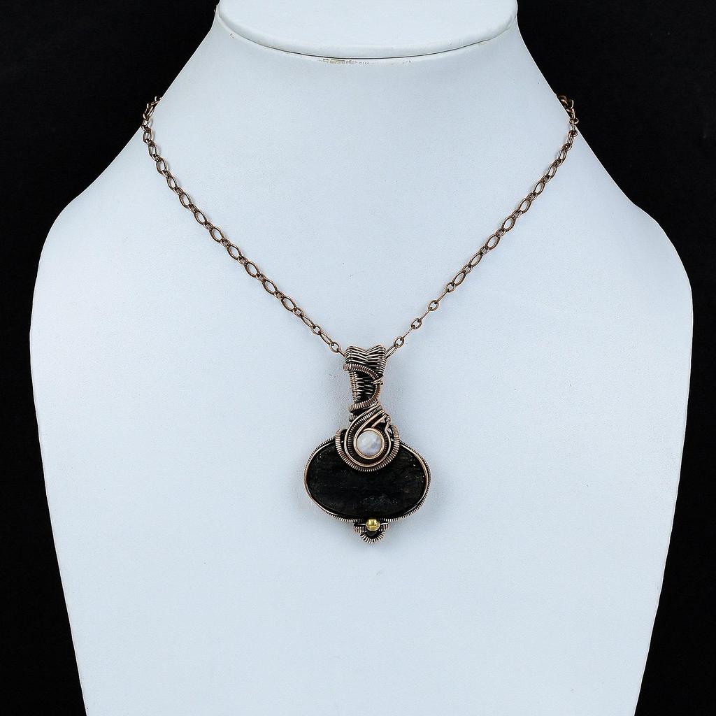 Черный турмалин, грубый кулон, медная проволока, кулон, Радужный лунный камень, ювелирные изделия из драгоценных камней, кулон ручной работы в стиле бохо, медные украшения для подарка