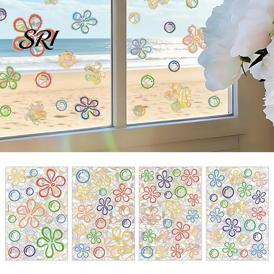 Removable Window Decoration 4 Sheets Rainbow Flower Clings Small Iridescent Prism Glass Surface Sticker Anti-Collision Static PVC Decals for