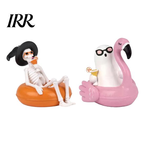 Small Halloween Statue Ornament, Creative Resin Decor Statues, Float Ring Skeleton Ghost Figurines, Pool Party Scene Decorations, Home
