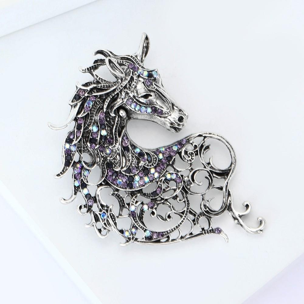 Vintage Rhinestone Horse Head Brooches Casual Metal Badge Pin Zodiac Animal Pins for Women