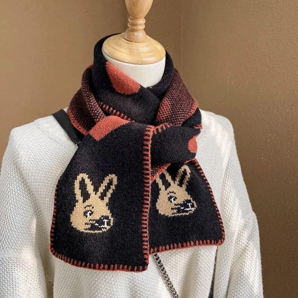 Короткий вязаный шарф для женщин на осень и зиму - мягкий, теплый в корейском стиле с рисунком в виде головы кенгуру