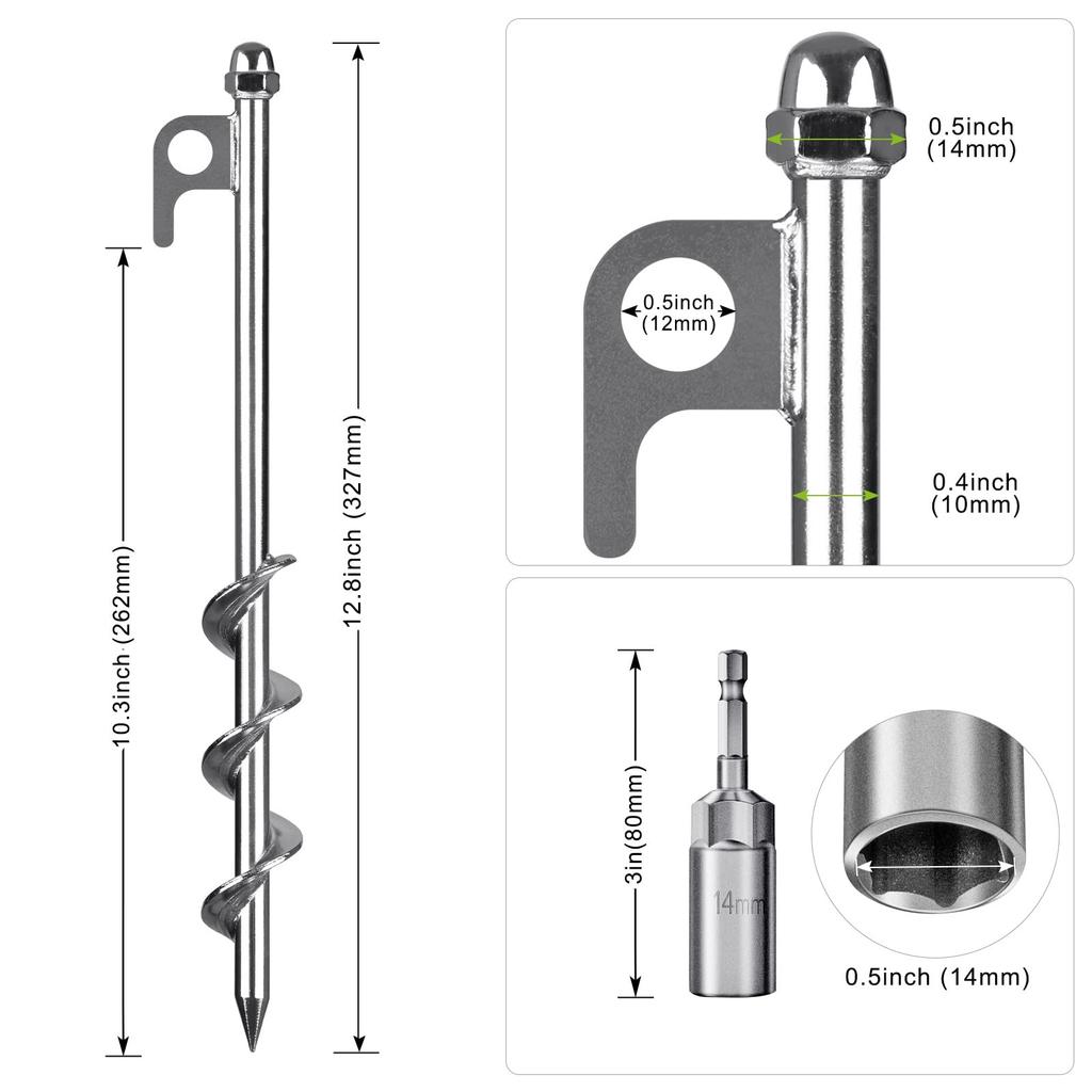 Lifeswell Tent Ground Fully Welded Spiral Earth Anchors for Camping Swing and Animal Protection Stakes, 4-Pack, 12-Inch Heavy-Duty Anchors, Tents,