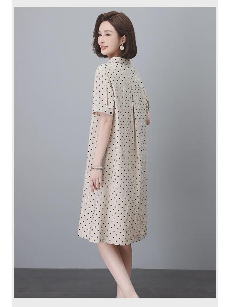 Летнее платье в горошек из хлопка и льна 2024 года — женское, французский стиль, размер плюс, длинная юбка