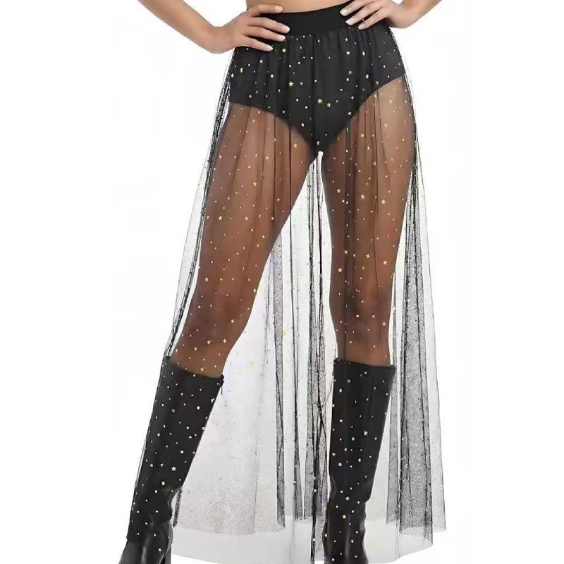 Sexy Sheer Mesh Pleated Mini Skirt With Sparkling Sequin Pattern For Nightclub And Party Wear