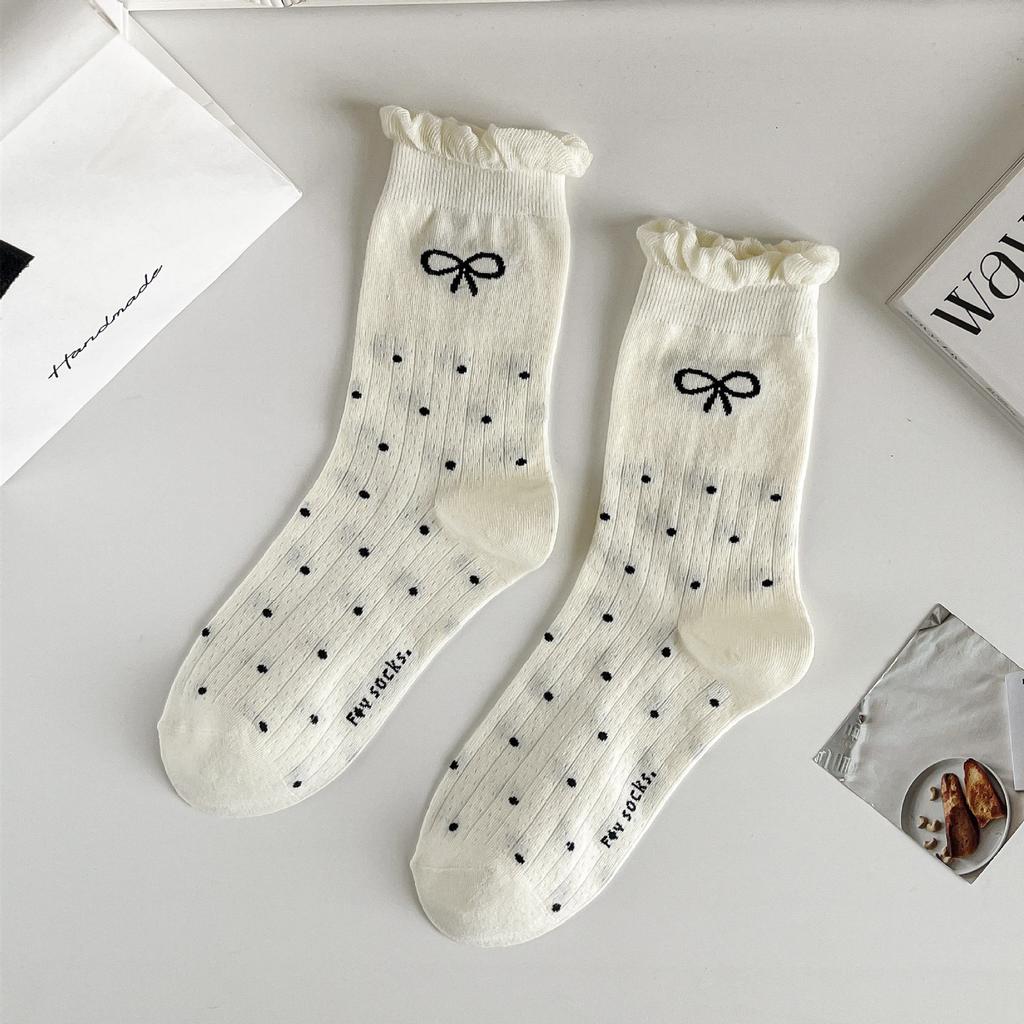 Bow Socks For Women Mid-Season Tube Socks Thin Sweat-Absorbing Stockings Black And White Versatile Trendy Socks