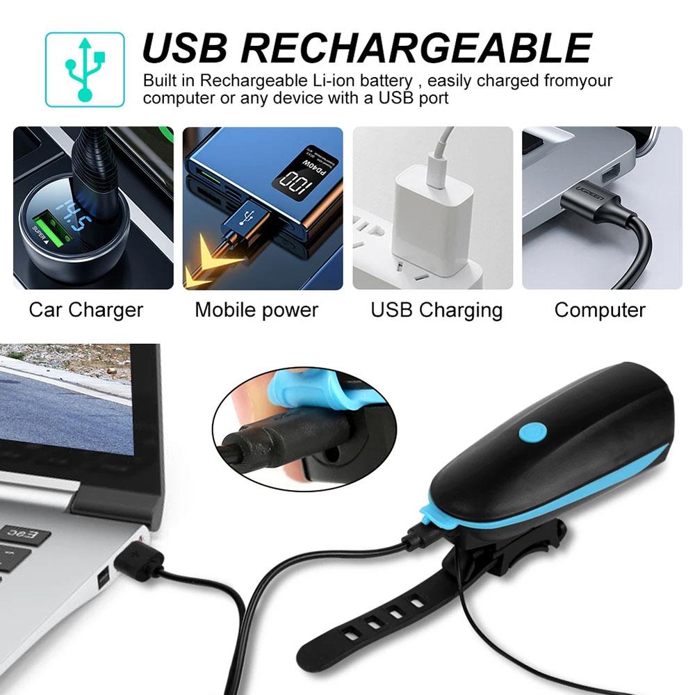 USB Rechargeable Bike Headlight with Horn Waterproof LED Front Light for Mountain Road Bicycle Night Riding Safety