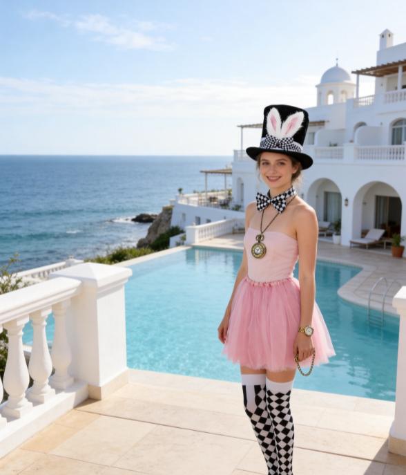 PESENAR White Rabbit Costume Accessory Set with Bunny Top Hat, Tutu Skirt, Checkered Socks and Pocket Watch Necklace