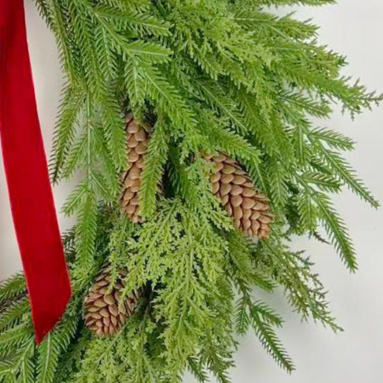 16 Inch Real Touch Norfolk Pine Christmas Wreath for Front Door Faux Cedar Greenery Wreath with Pine Cones And Bows for Wall Window Farmhouse Outdoor