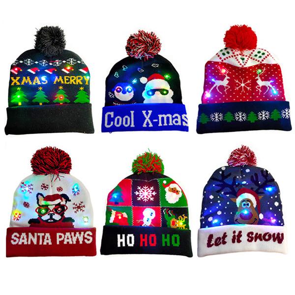Lovely Snowman ElK Christmas Hat LED Caps New Year Xmas Hairball Home Decorations for Women and Men KTY