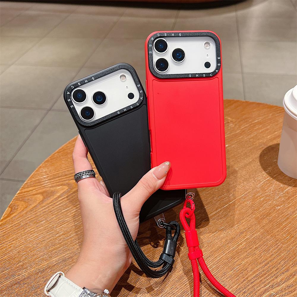 For iPhone 17 Pro Case Black Lens Frame Shockproof TPU PC Phone Back Cover with Wrist Strap