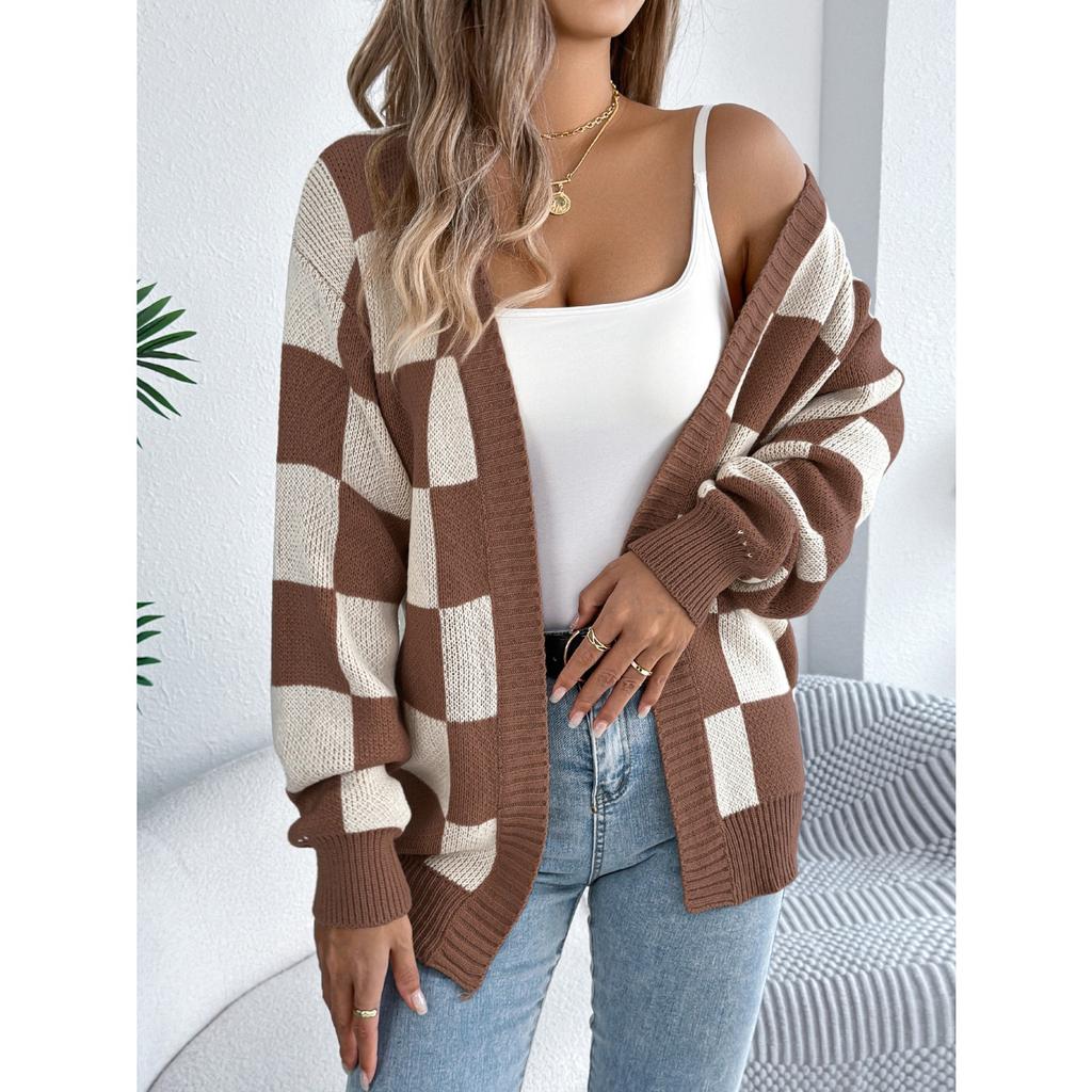 GMXIA Autumn and Winter Color-blocking Checkered Lantern Sleeve Cardigan Sweater Mid-length Coat Women's Wear