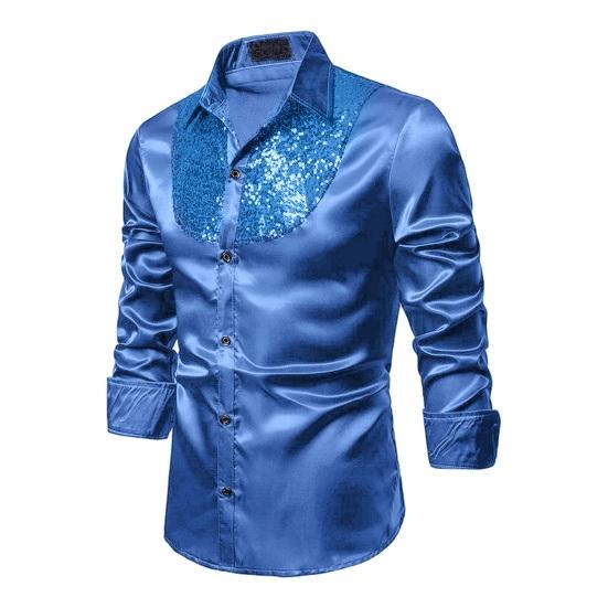 Мужская классическая рубашка с блестками, блестящая металлическая свадебная рубашка, рубашка на пуговицах с длинными рукавами и лацканами, однотонная приталенная рубашка, топы